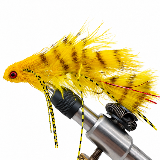 Yellow feathered lure with spotted wings and silver spring-mounted bar