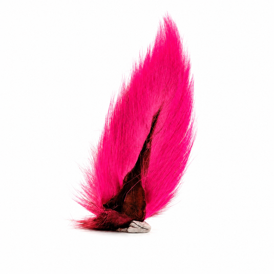 Pink bucktail lure with two long feather tails and dark base