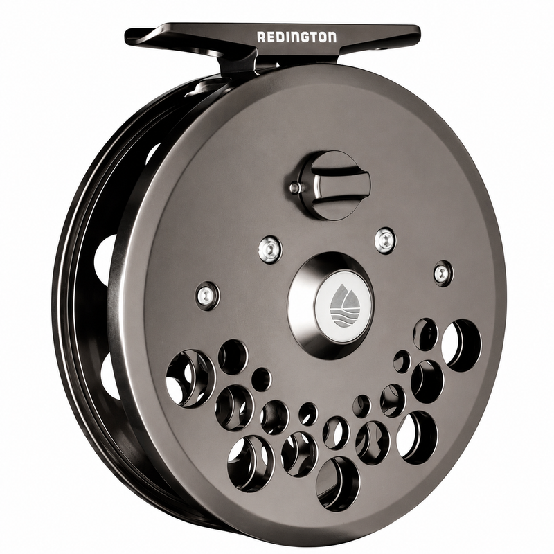 Load image into Gallery viewer, Gray fishing reel with perforated spool and black handle, front view
