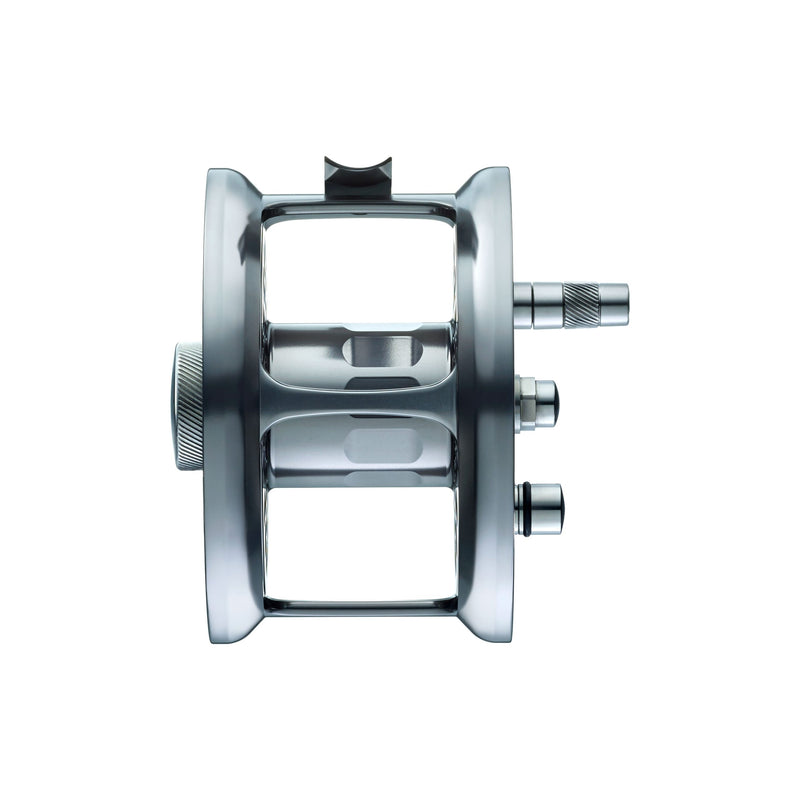 Load image into Gallery viewer, Loop Classic Series reel side view with silver frame and handle knobs

