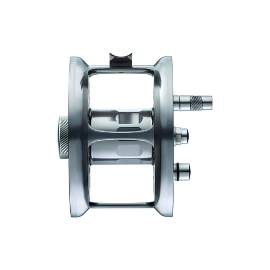 Loop Classic Series reel side view with silver frame and handle knobs