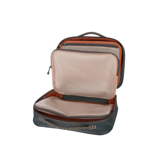 Fly tying kit bag with cream mesh lid and orange border, open view