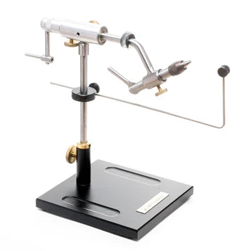 Load image into Gallery viewer, Chrome-and-black pedestal vise with stand, angled clamp arm, and support rods
