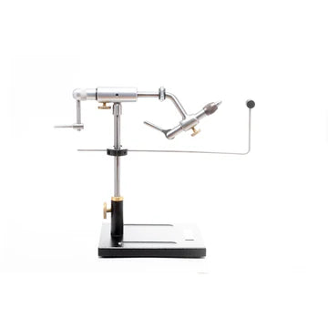 Pedestal vise on black stand, chrome arms with mounting posts and clamp handle