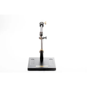 Pedestal vise with vertical chrome post and black base, top clamp carriage