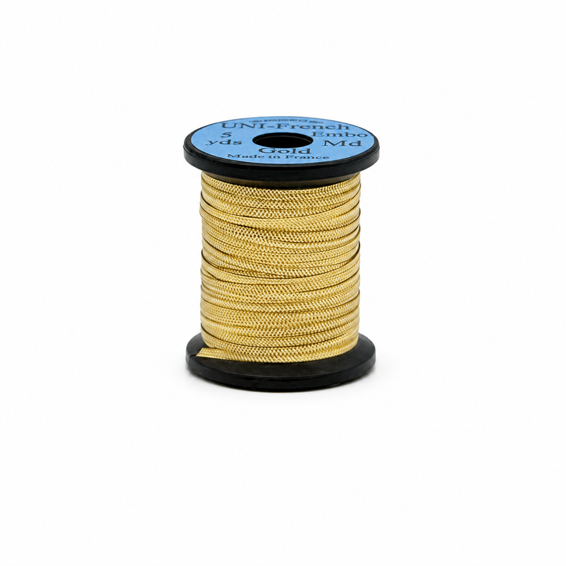 Load image into Gallery viewer, Embossed metallic thread spool in gold with blue label and black base
