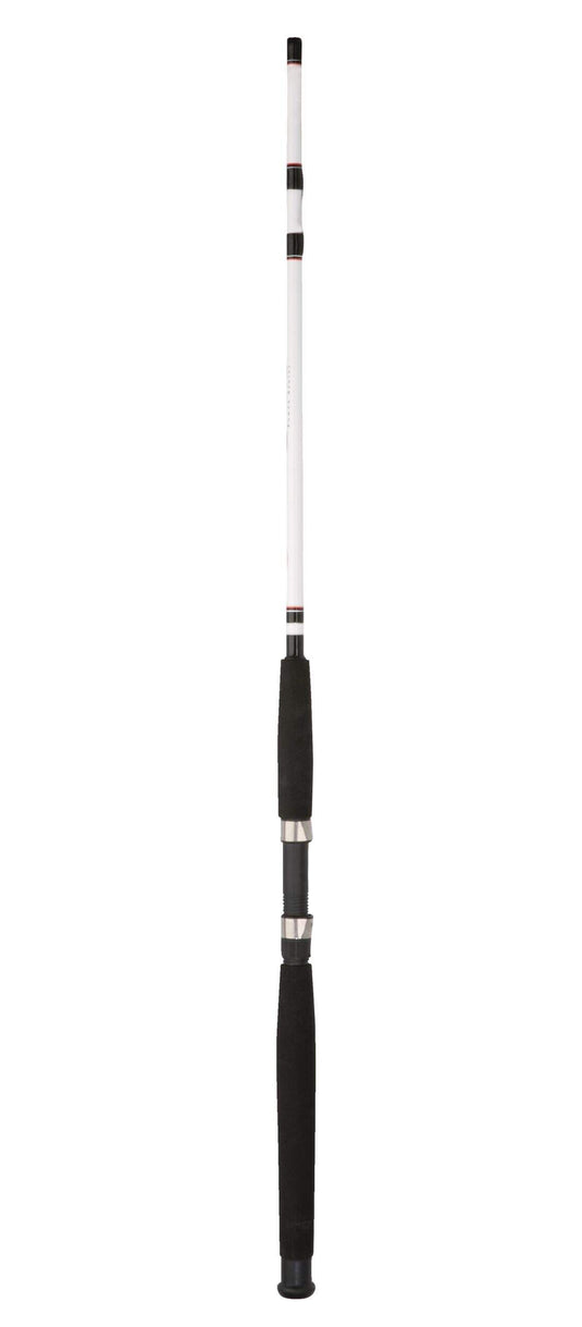 Fishing rod with black handle, segmented reel seat and white shaft