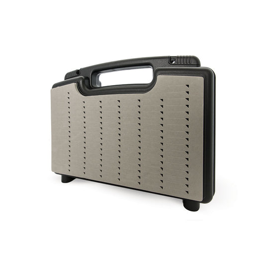 Dark boat box with gray interior peg board and top carry handle