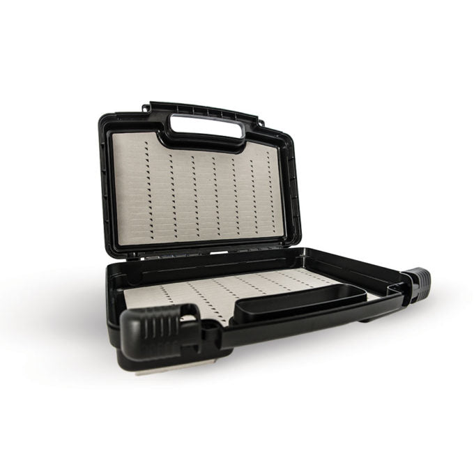 Load image into Gallery viewer, Black tackle box open, with gray peg board inserts and carrying latch
