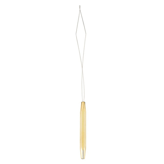 Brass bobbin threader tool with thin metal loop and pointed tip