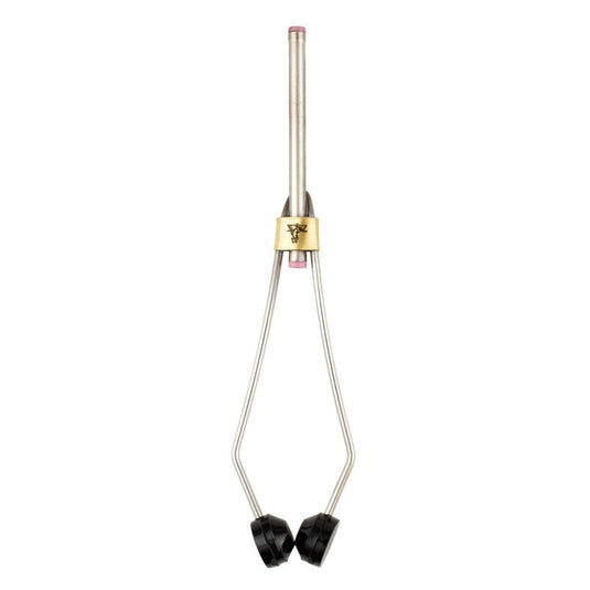 Ceramic bobbin holder with metal handle and black prongs