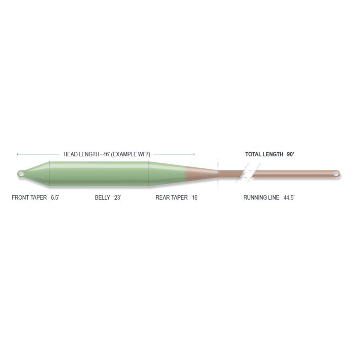 Load image into Gallery viewer, Floating fly line with labeled tapers and lengths: head length 48' and total length 90'
