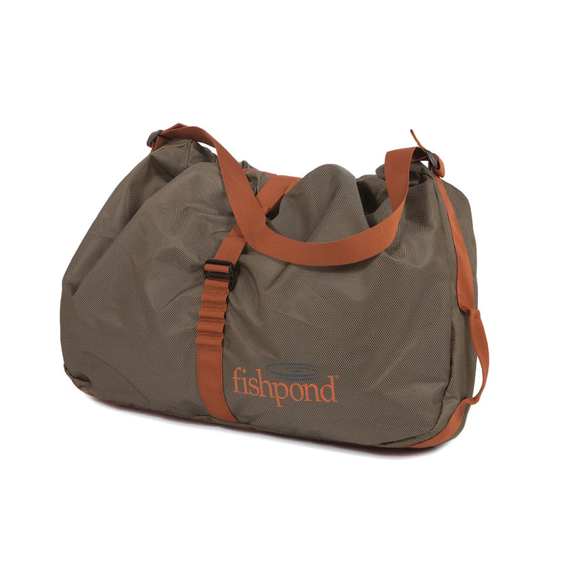 Load image into Gallery viewer, Burrito wader bag with gray body, orange-brown straps, and fishpond logo
