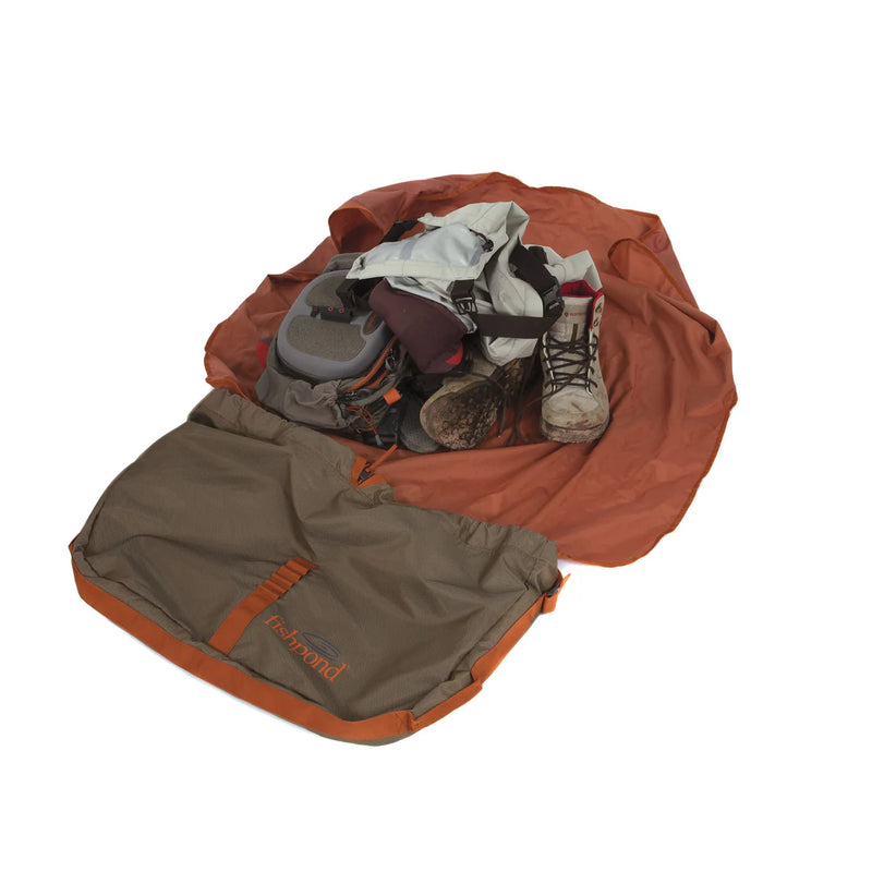 Load image into Gallery viewer, Open wader bag with gray base, orange-brown trim, holding boots and gear
