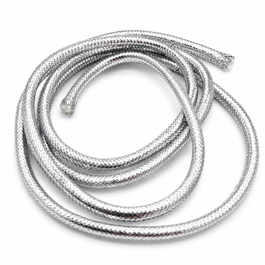Silver mylar piping cords, braided hook-and-hackle trim with coiled loops