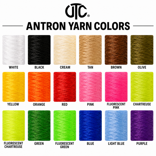 Yarn color chart with assorted thread swatches in white, black, cream, tan, brown