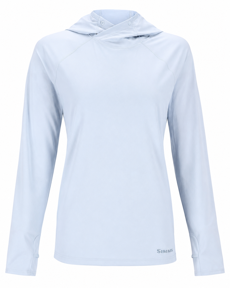 Load image into Gallery viewer, Simms women's Solarflex hoody, light blue long-sleeve with hood and front button placket
