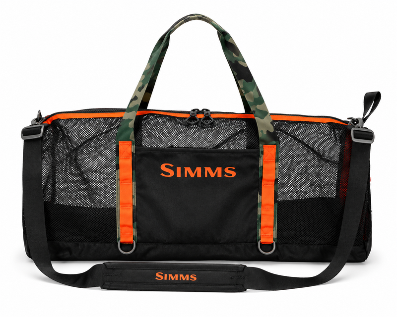 Load image into Gallery viewer, Mesh duffel bag, black with orange trim, camo handle and Simms logo.
