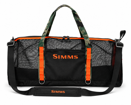 Mesh duffel bag, black with orange trim, camo handle and Simms logo.