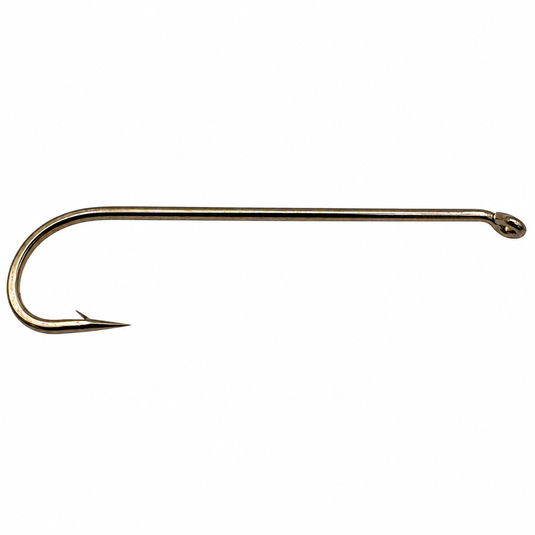 Fishing streamer hook with curved shank and pointed tip, gold-colored finish