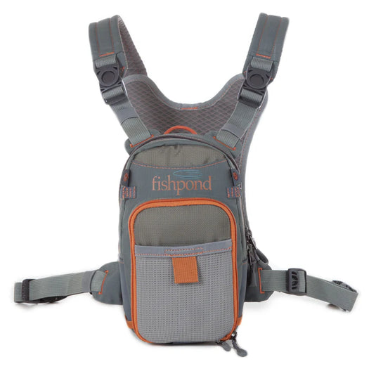 Chest pack with Fishpond logo, gray fabric and orange-trim front pocket