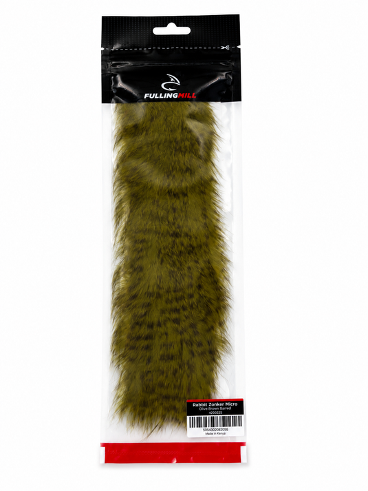 Micro rabbit zonker fur strip in olive brown, sealed in a hanging pouch