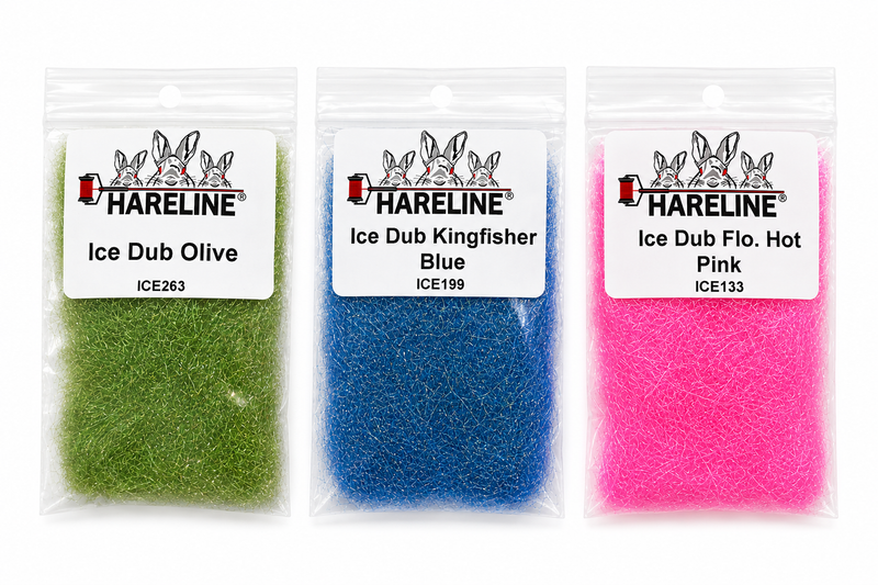 Load image into Gallery viewer, Hareline Ice dubbing bags in olive, kingfisher blue, and hot pink colors
