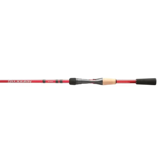Shimano Sojourn fishing rod with red shaft and black handle, cork grip