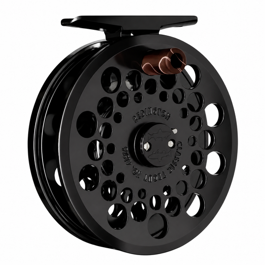 Black fishing reel with perforated spool and dark handle knob, side view