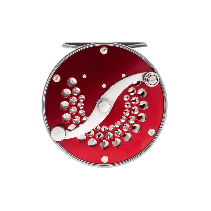 Load image into Gallery viewer, Loop Classic Series reel with red face, silver handle, and silver dot cluster
