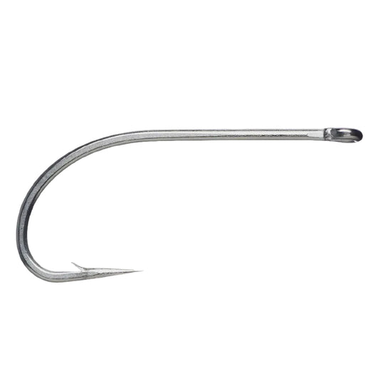 Saltwater fly hook with curved shank and barbed point