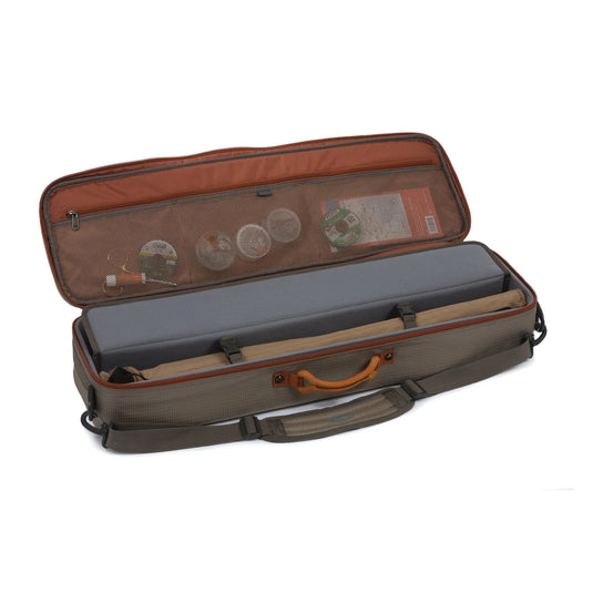Rod and reel case open, tan fabric with orange top, interior sleeves and pockets