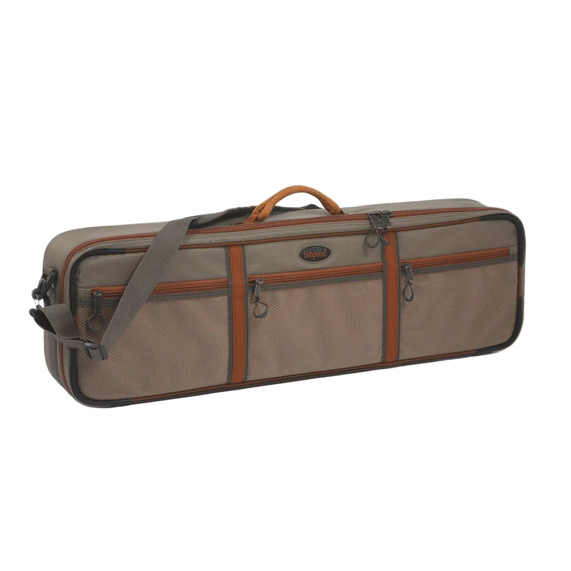 Load image into Gallery viewer, Fishpond Dakota carry-on rod and reel case, tan with orange trim, padded shoulder strap
