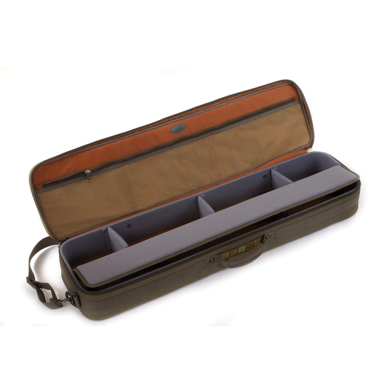 Load image into Gallery viewer, Rod and reel case, tan exterior with orange edge; open with foam divider compartments
