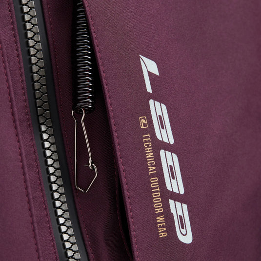 Wading jacket panel with black coil zipper and Loop logo patch, dark purple