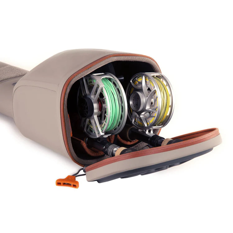 Load image into Gallery viewer, Tan rod and reel case open, showing multiple fly reels and spools
