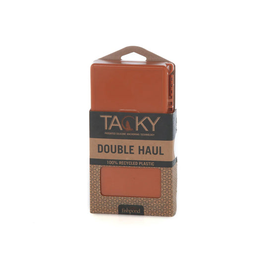 Packaged fly tackle box labeled TACKY DOUBLE HAUL, recycled plastic