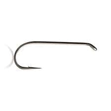 Fishing streamer hook, dark metal finish, curved barbed shank