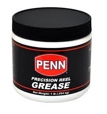 Grease canister with Penn Precision Reel Grease label, black with red and white accents.