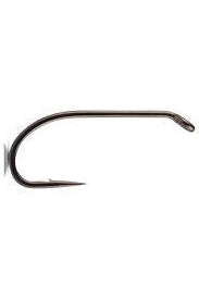 Fishing hook with curved shank and barbed point, dark metal finish