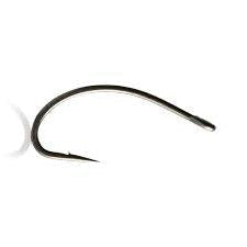 Curved caddis fishing hook with barbed point, dark metal finish