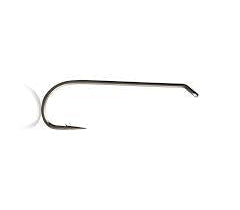 Long-shank fishing hook in dark metal, curved eye