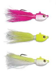 Bucktail fishing jigs set with pink, chartreuse, and light green heads