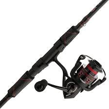 Black fishing rod and spinning reel combo with red line spool