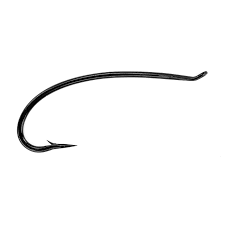 Curved fishing hook with barbed tip, dark metal finish