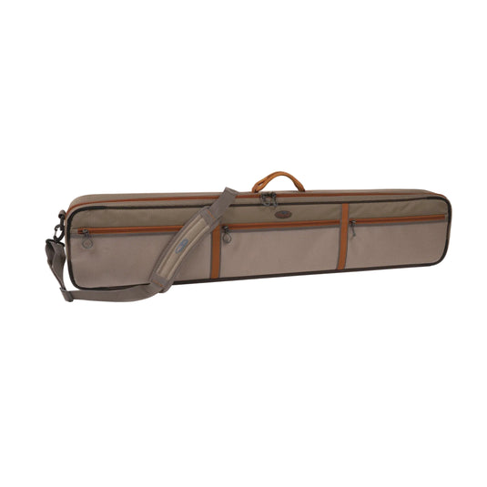 Rod and reel case with carrying handle, tan fabric and brown trim, zip closure