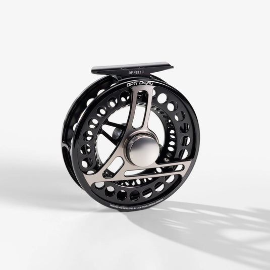 Fishing reel spool, black and silver with perforated rim and central star