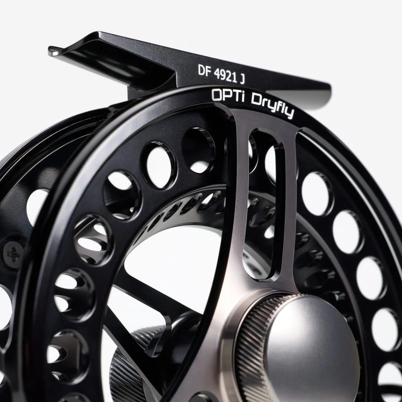 Load image into Gallery viewer, Dry-fly fishing reel, black frame with large spoke cutouts and black handle knob
