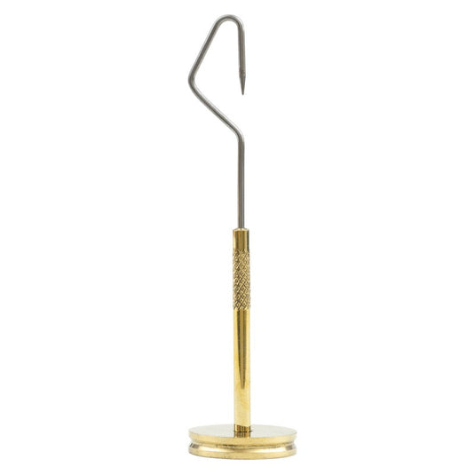Brass dubbing twister tool with upright metal hook and rotating base