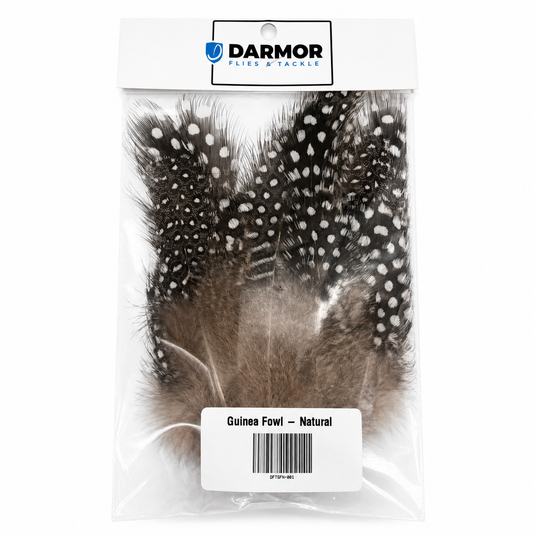 Guinea fowl feathers, natural color with white spots in a sealed bag.